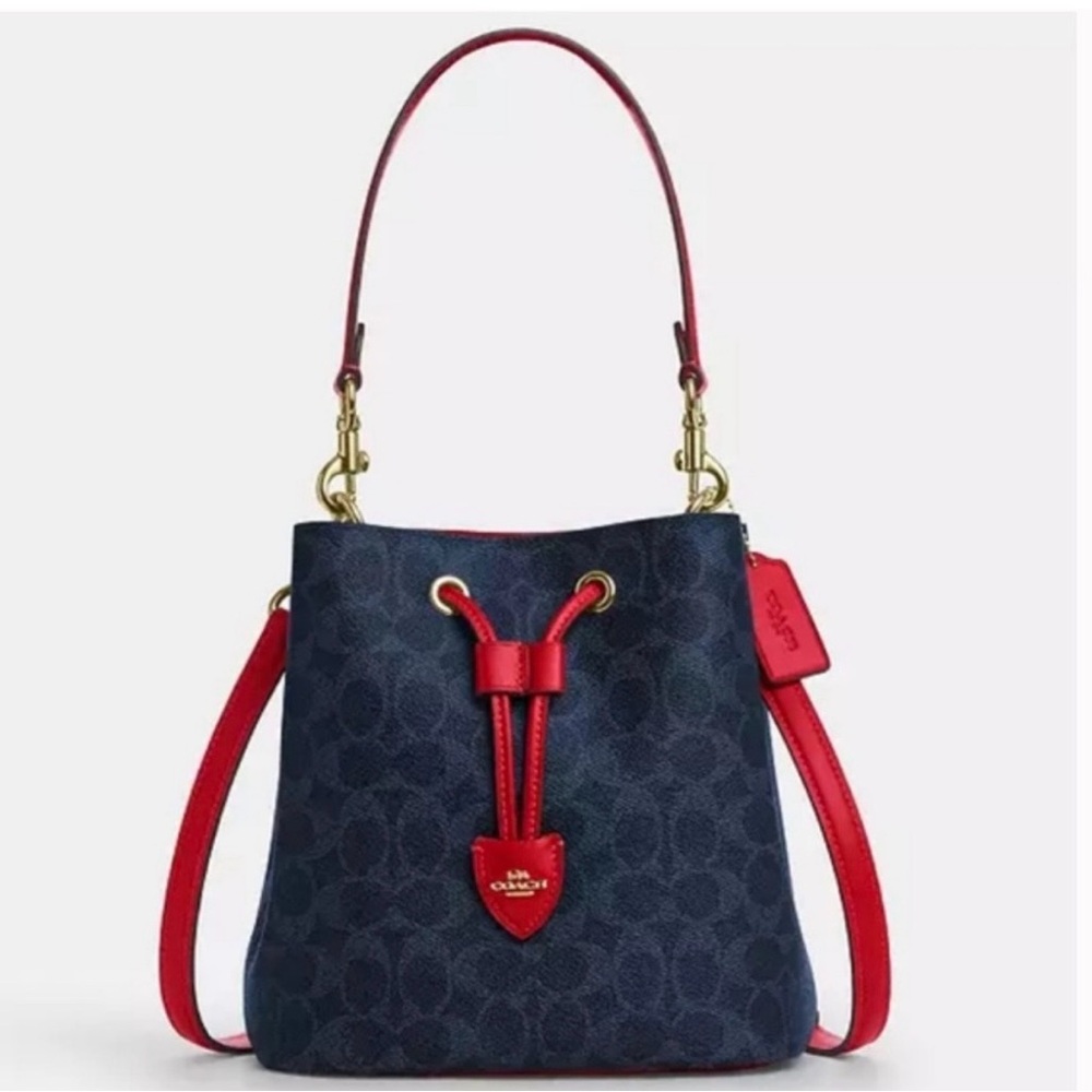 Coach Navy Signature Drawstring Bucket with Red Trim